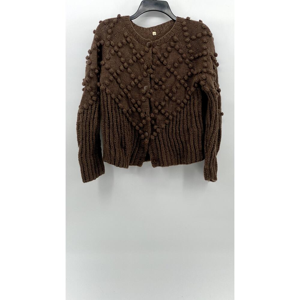 KTS Women's Brown Knit Button-Up Diamond Ball Textured Ribbed Cardigan SZ XS